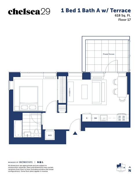 A floor plan for a 1 Bed 1 Bath apartment.